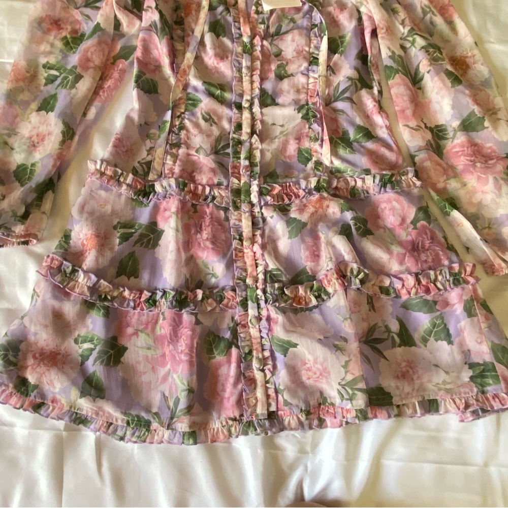 NWT Rachel Parcell Lilac Floral Lace Sleeve Ruffle Mini Dress - Picture 5 of 7